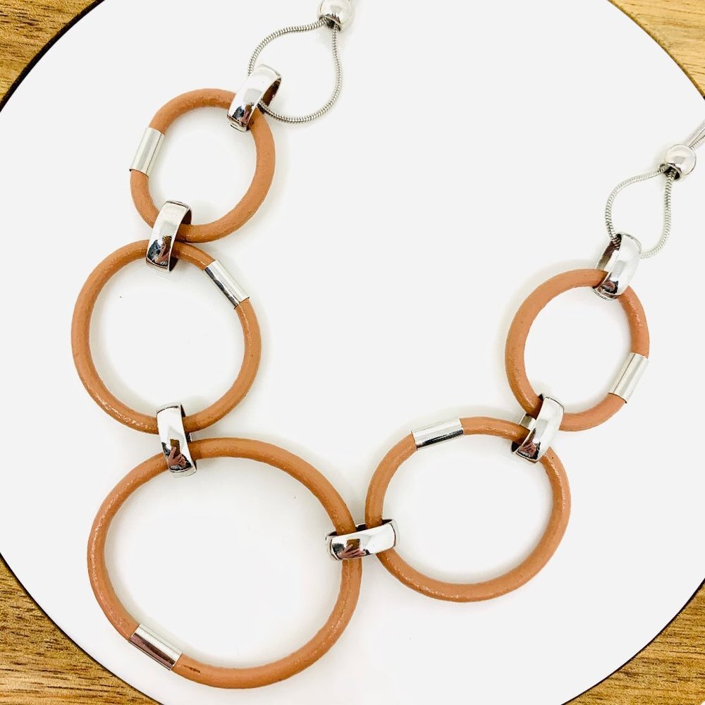 Tan Leather + Silver Link Adjustable Necklace
